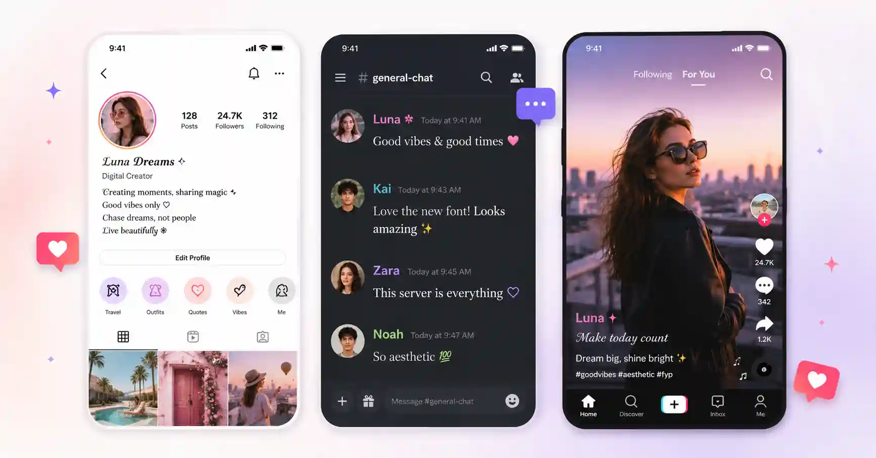 Stylish fonts displayed in Instagram, Discord and TikTok profiles