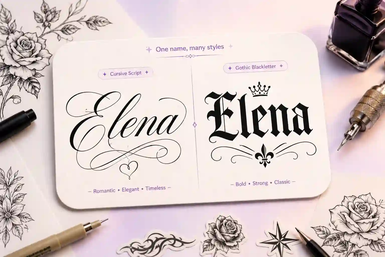 A name shown in cursive script and gothic blackletter tattoo lettering